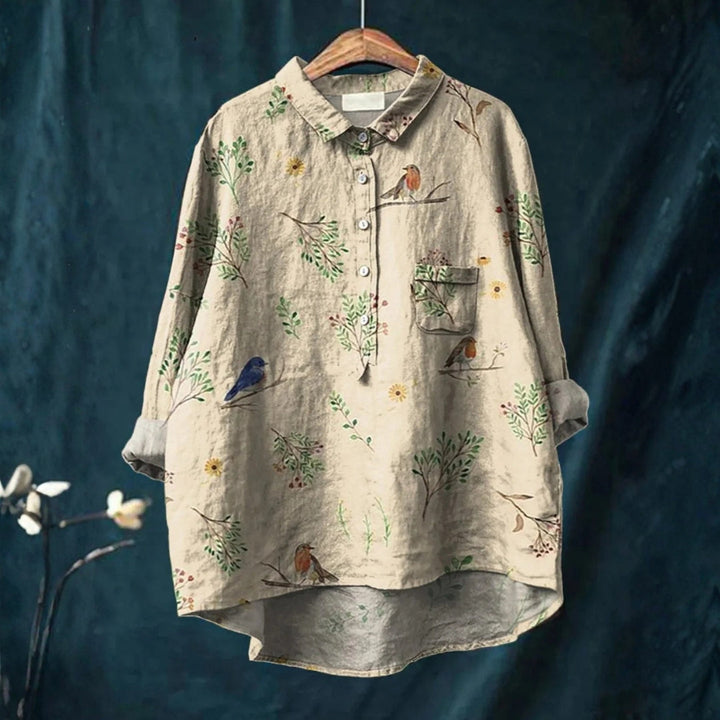 Alice - Chemise Décontractée Imprimée avec Motif de Branches et Oiseaux Robin