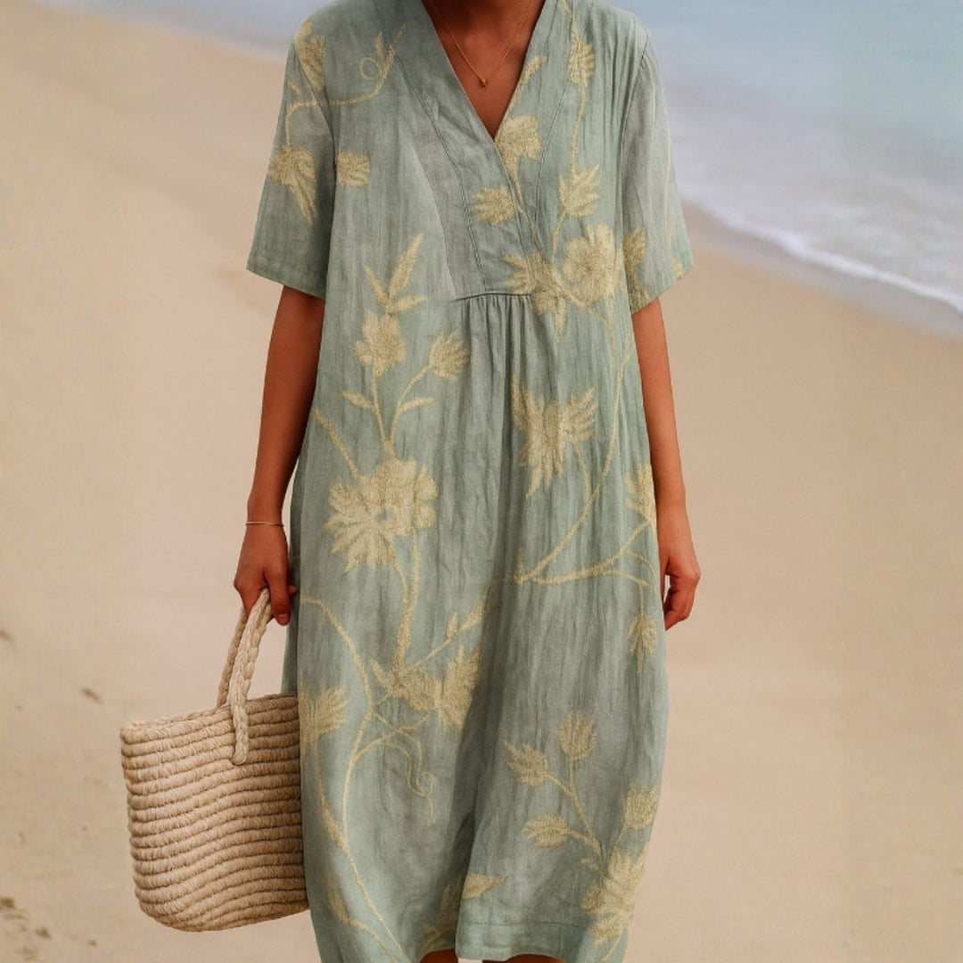 Clementina - Robe Bleu-Gris avec Broderie Florale