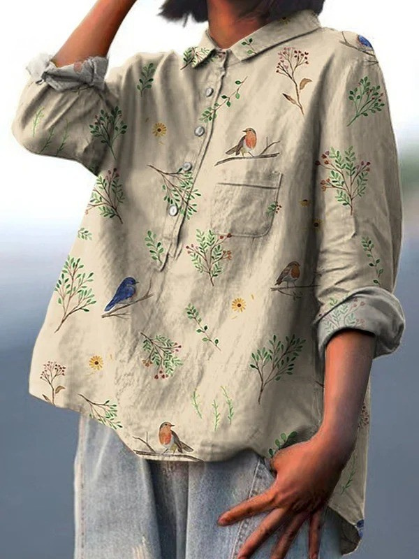 Alice - Chemise Décontractée Imprimée avec Motif de Branches et Oiseaux Robin