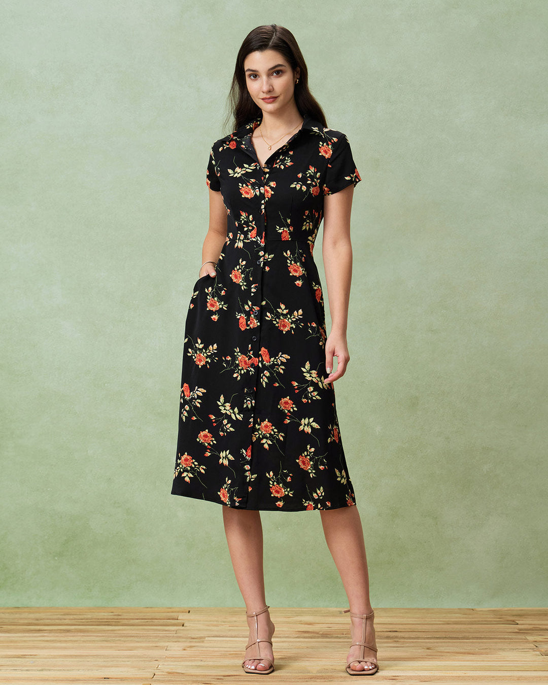 Glória - Robe Midi Noire Fleurie