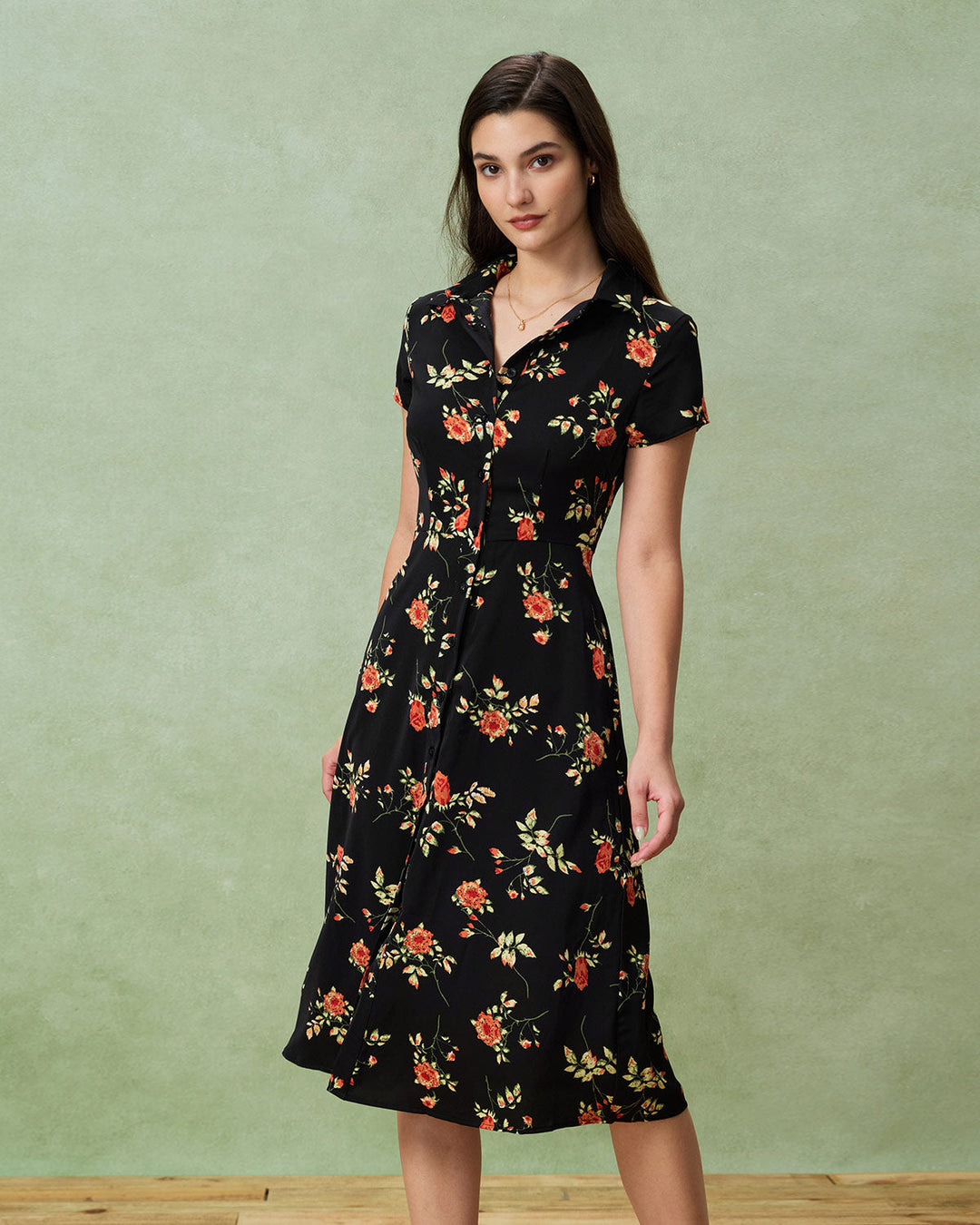 Glória - Robe Midi Noire Fleurie