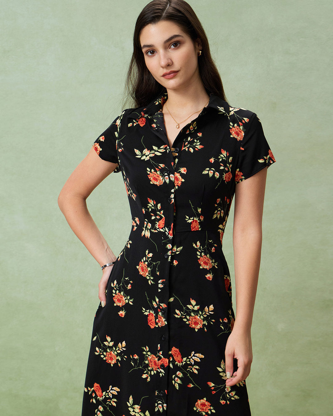 Glória - Robe Midi Noire Fleurie