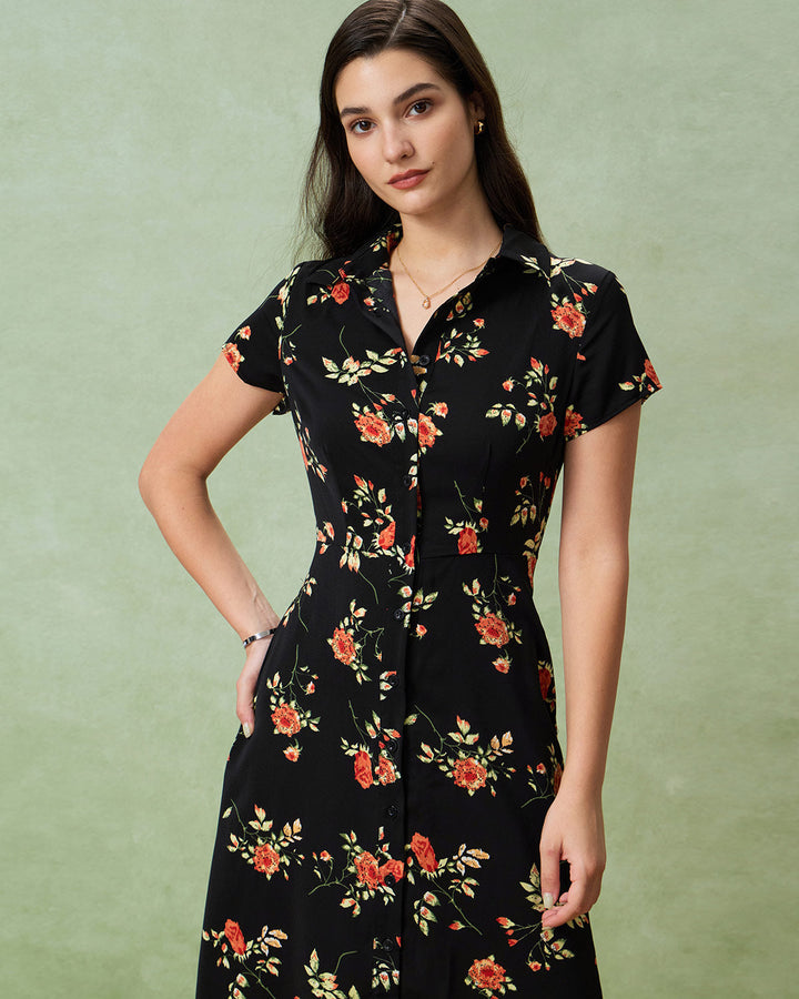 Glória - Robe Midi Noire Fleurie