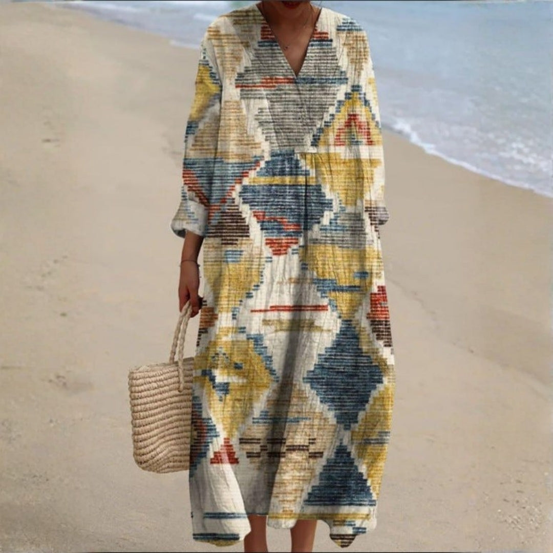 Cátia - Robe Inspirée du Bohème avec Impressions Ethniques