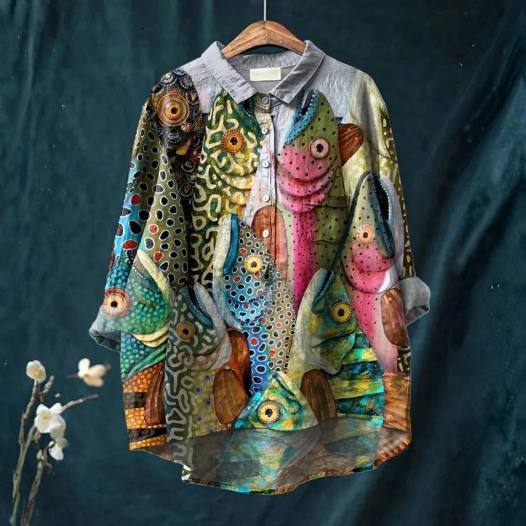 Ema - Chemise Casual à Imprimé de Poisson Amusant Vintage