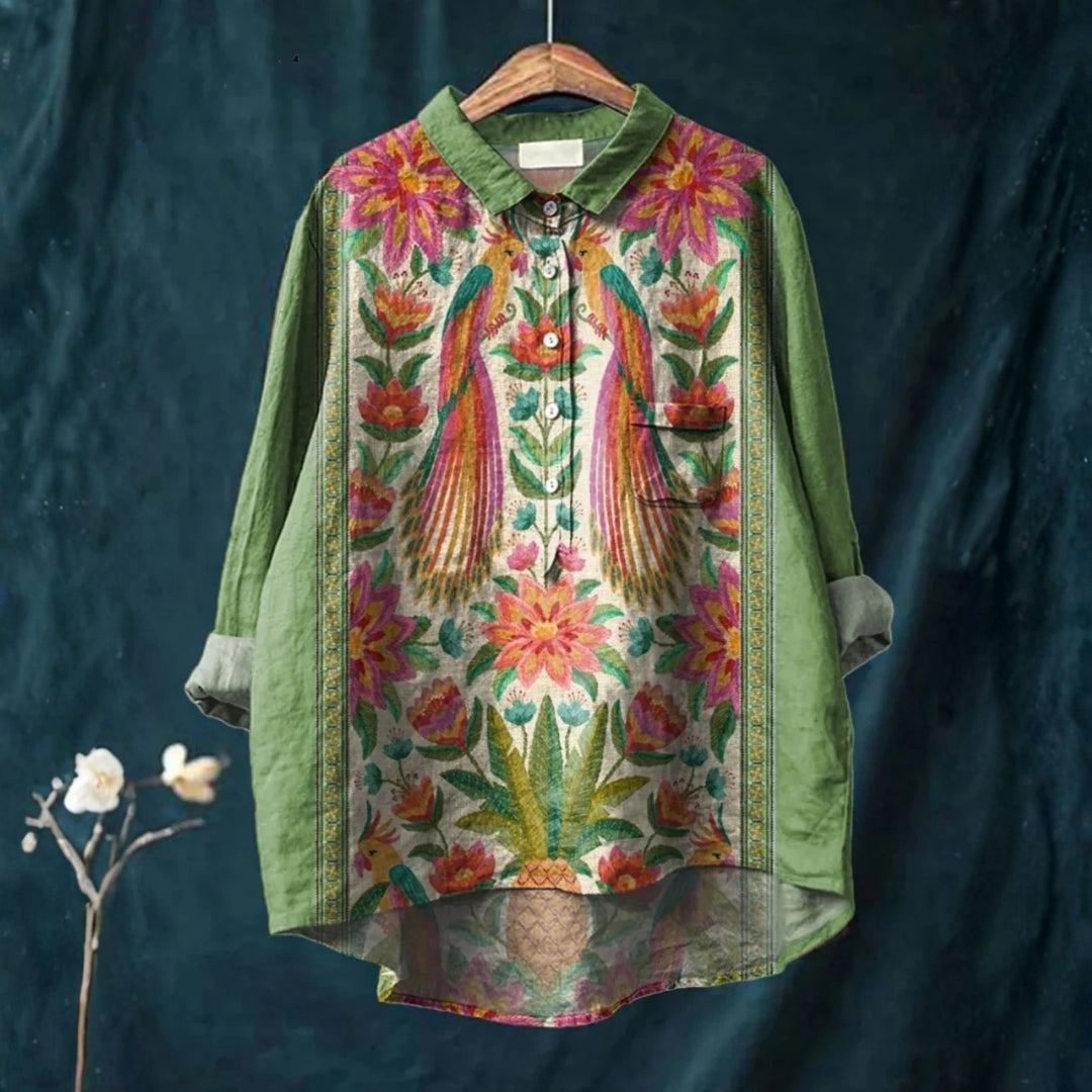 Anabela - Chemise Décontractée en Art Vintage avec Fleurs et Oiseaux