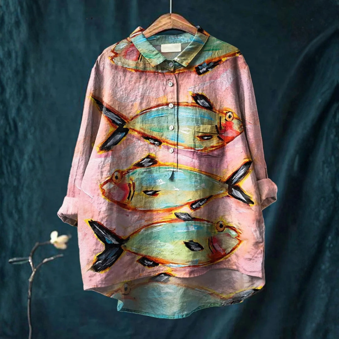 Elisa - Chemise Décontractée avec Imprimé de Poisson Vintage