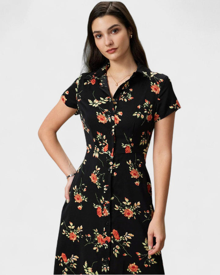 Glória - Robe Midi Noire Fleurie