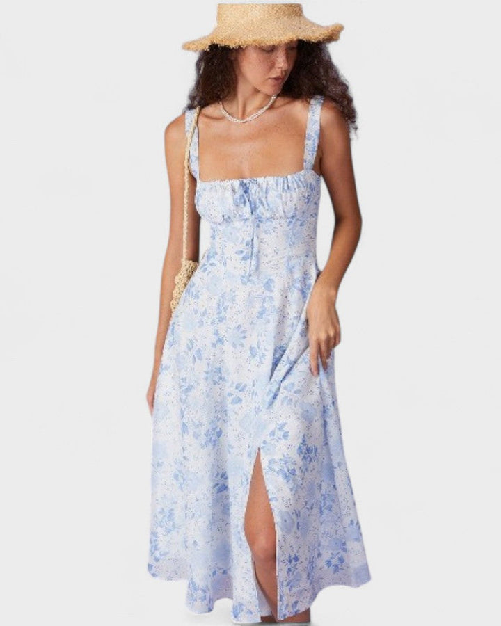 Renata - Robe Midi Bleue à Fleurs