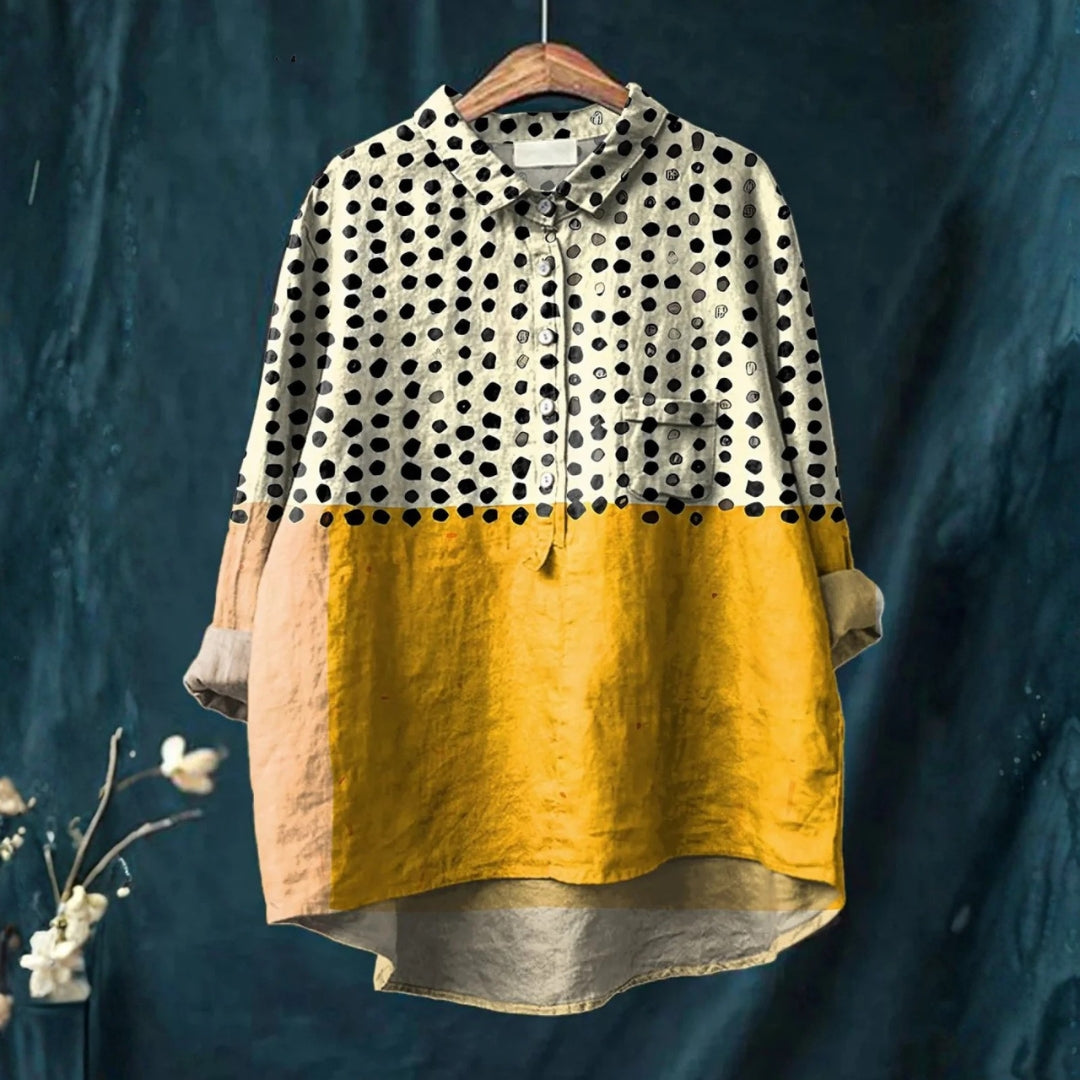 Olívia - Chemise Casual Jaune avec Imprimé à Pois en Bloc de Couleur