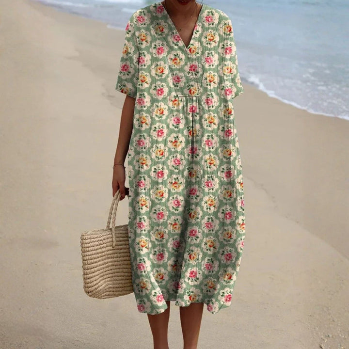 Eulállia - Robe Florale Rétro en Vert D'eau