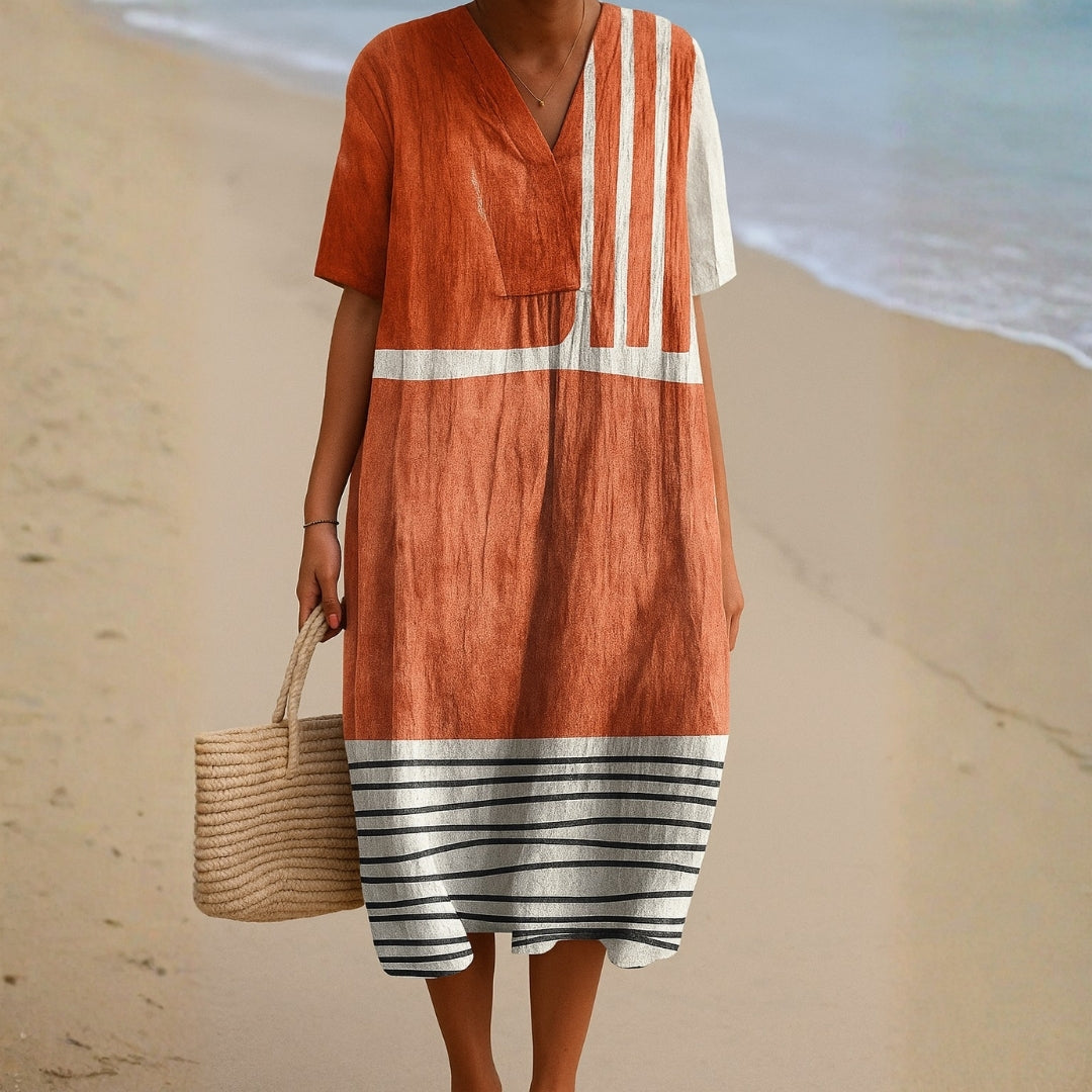 Selene - Robe Terracotta avec Rayures Graphiques