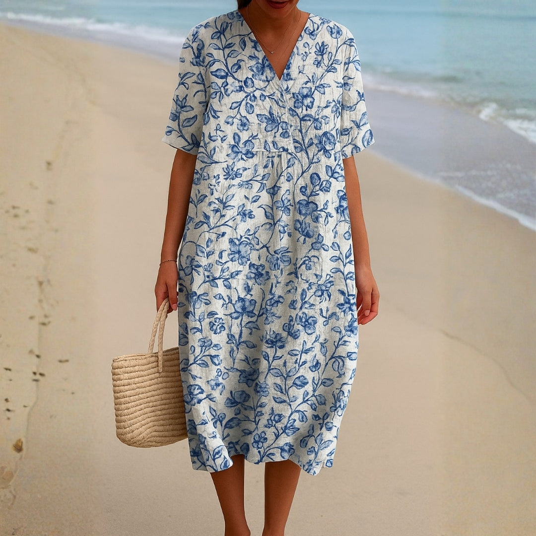 Magnolia - Robe en Ivoire Ornée d'Accents Floraux en Bleu Porcelaine