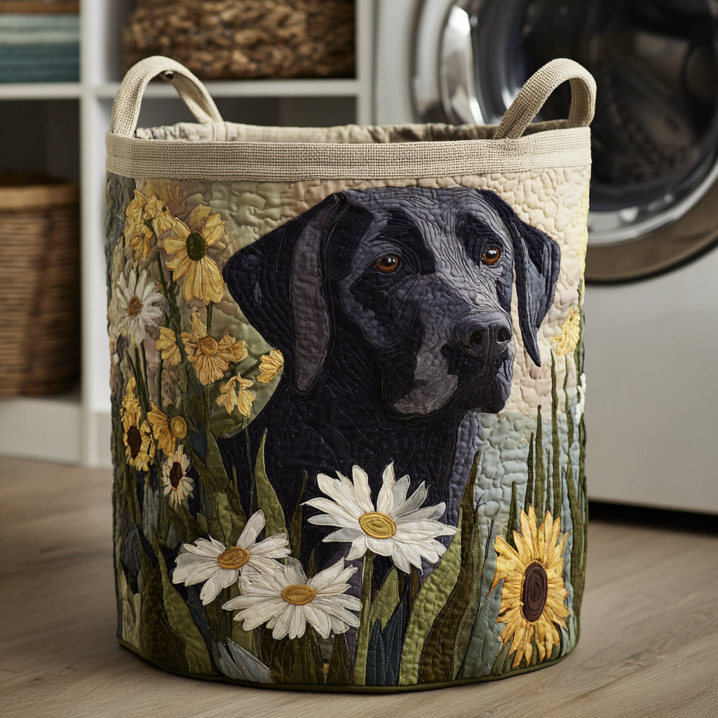 Panier à linge matelassé fait main – motif Labrador Noir en Fleurs