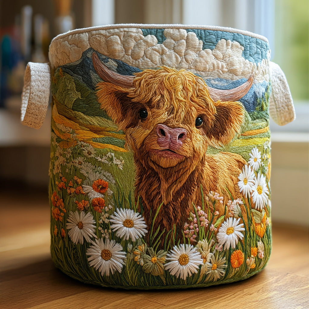 Panier à linge matelassé fait main – motif Highlands en Fleurs