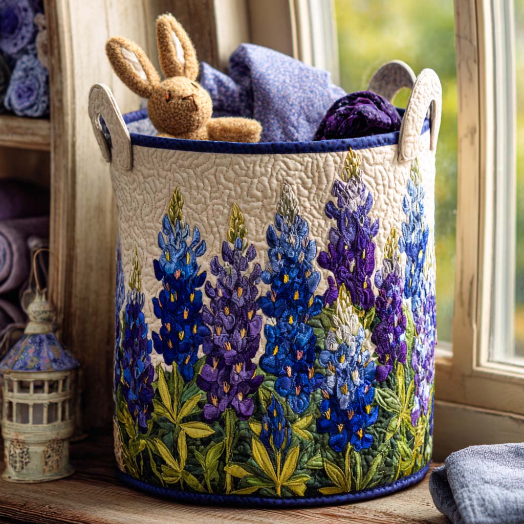 Panier à linge matelassé fait main – motif Lupins Bleus
