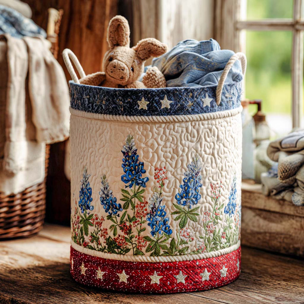 Panier à linge matelassé fait main – motif Lupins Bleus – vue 2