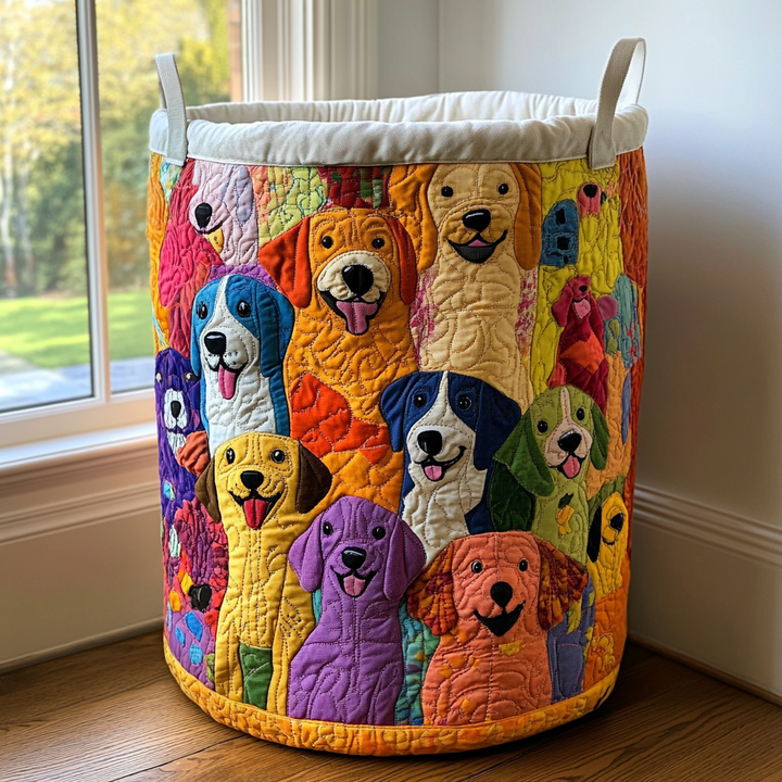 Panier à linge matelassé fait main – motif Chien Brillant