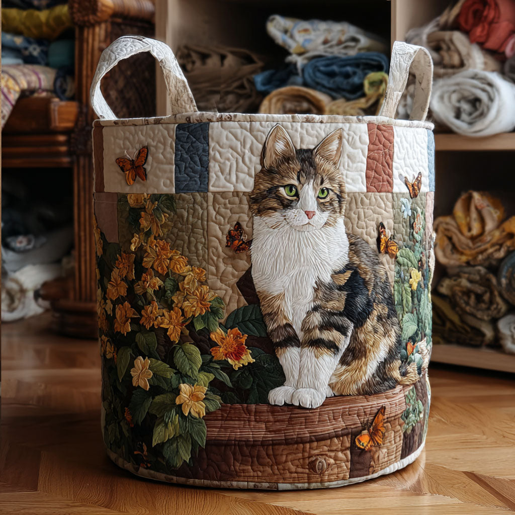 Panier à linge matelassé fait main – motif Chat Parmi les Pétales