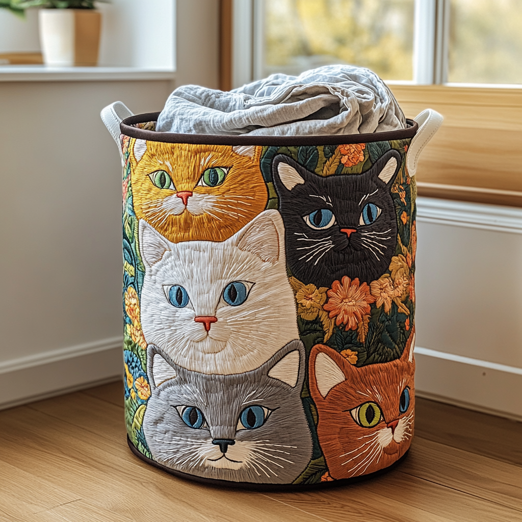 Panier à linge matelassé fait main – motif Chat des Prés