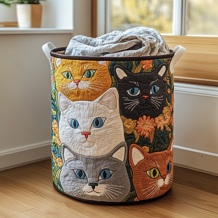 Panier à linge matelassé fait main – motif Chat des Prés