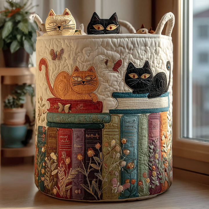 Panier à linge matelassé fait main – motif Parade de Chats