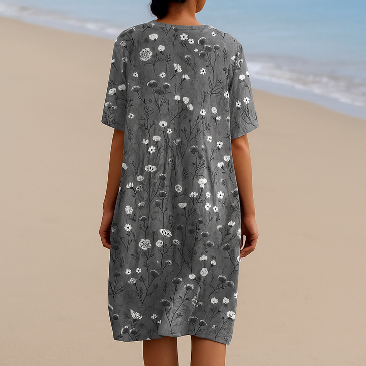 Maria - Robe Fleurie en Charbon avec Accents Blancs