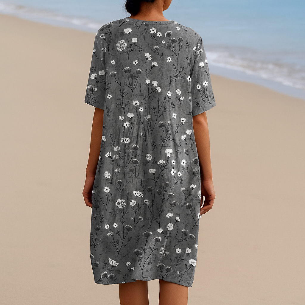 Maria - Robe Fleurie en Charbon avec Accents Blancs