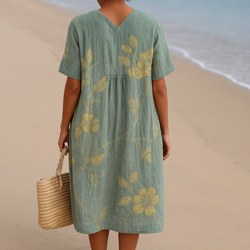 Clementina - Robe Bleu-Gris avec Broderie Florale