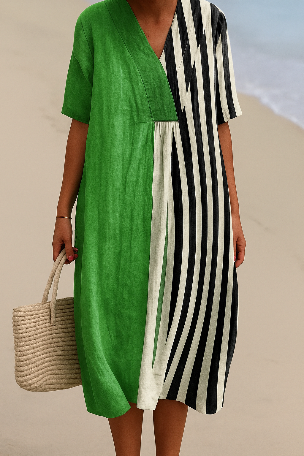 Noémia - Robe Verte Vibrante avec Rayures Noires