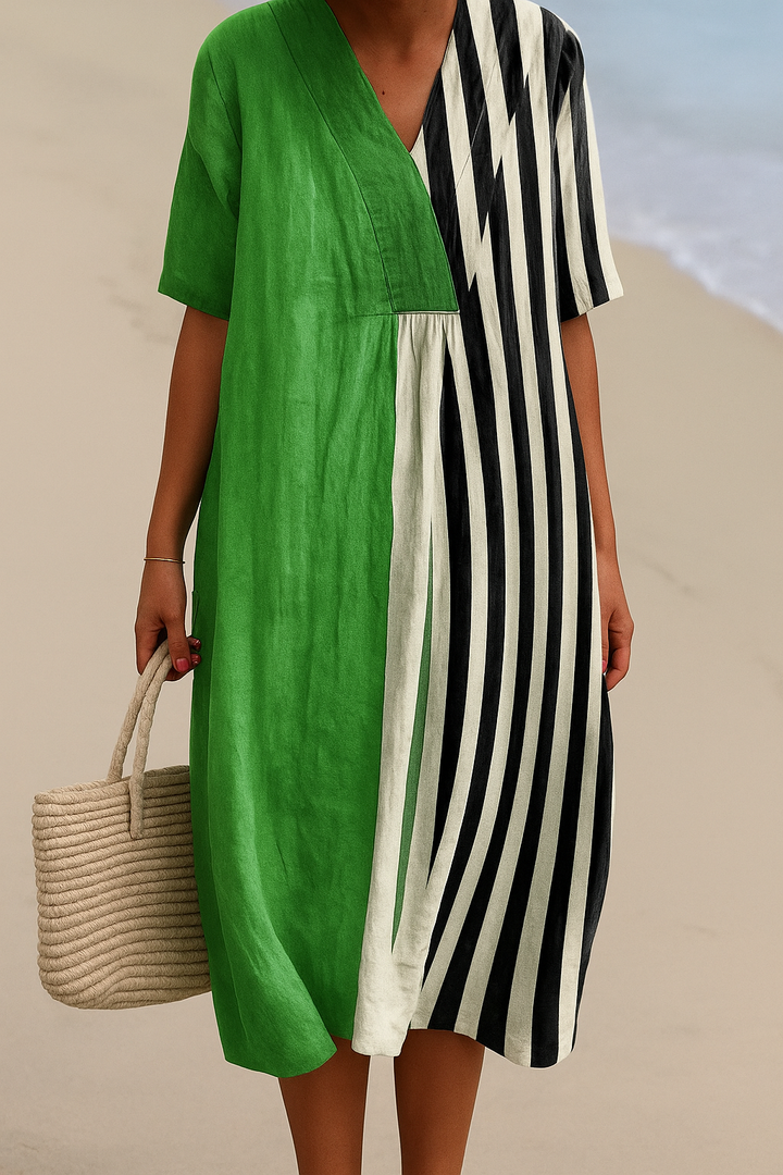 Noémia - Robe Verte Vibrante avec Rayures Noires