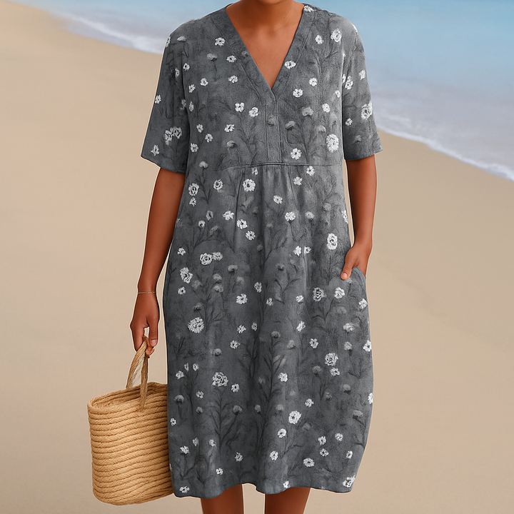 Maria - Robe Fleurie en Charbon avec Accents Blancs