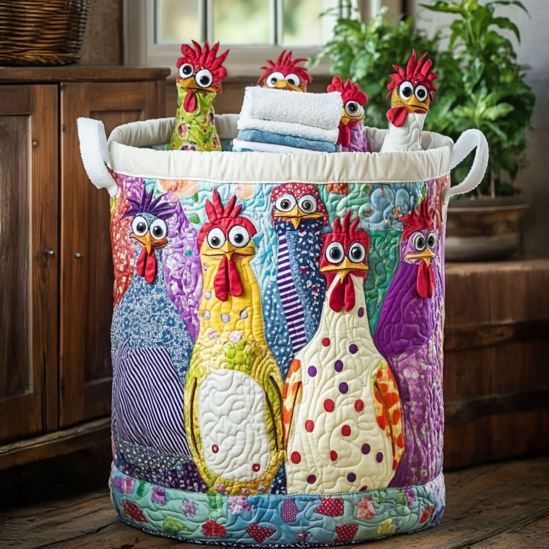 Panier à linge matelassé fait main – motif Poules Élégantes