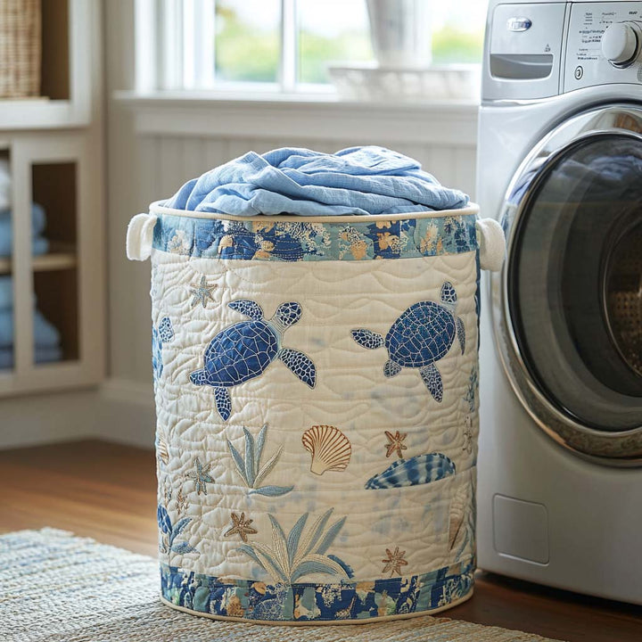 Panier à linge matelassé fait main – motif Tortue de Mer