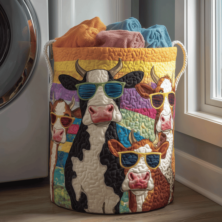 Panier à linge matelassé fait main – motif Vache Cool