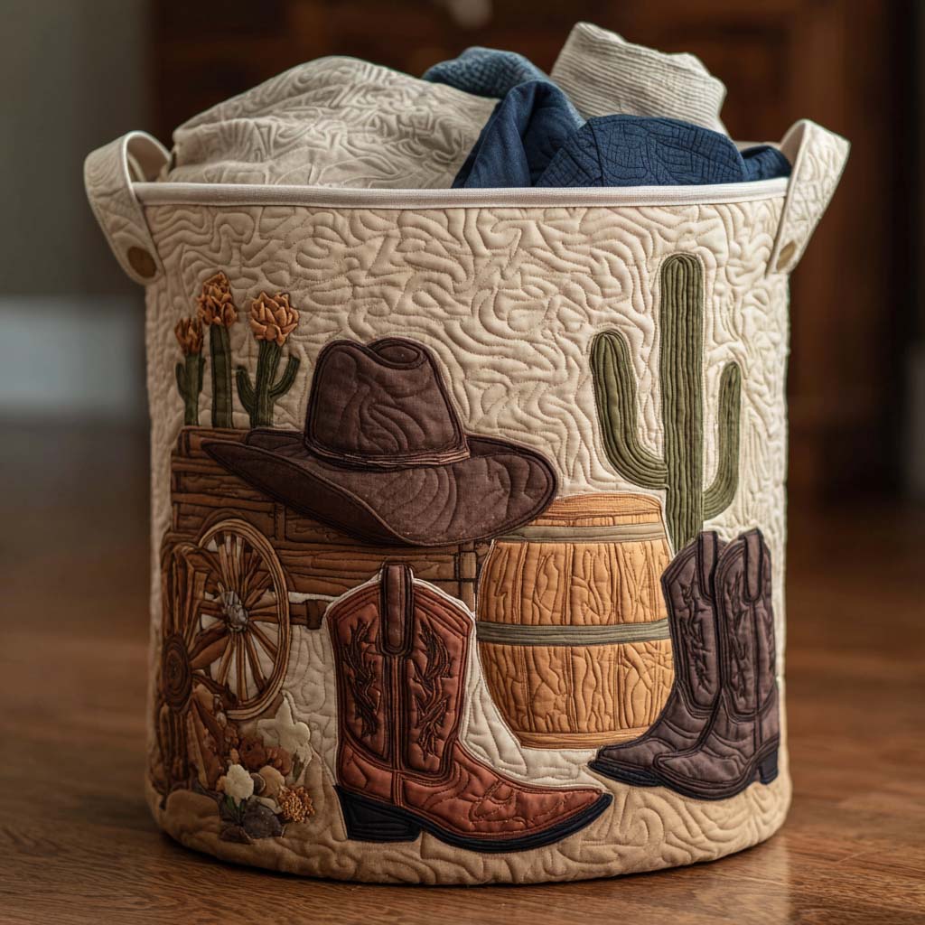 Panier à linge matelassé fait main – motif Cowboy au Coucher du Soleil