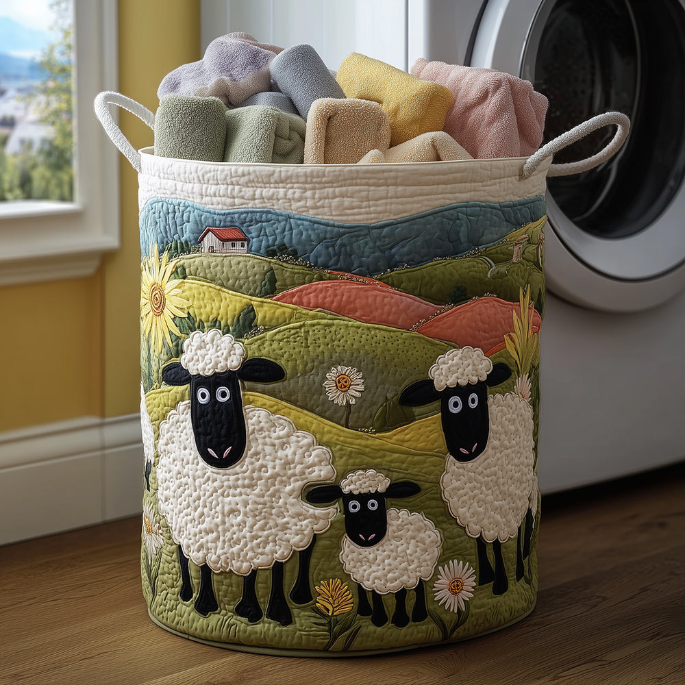Panier à linge matelassé fait main – motif Moutons Douillets