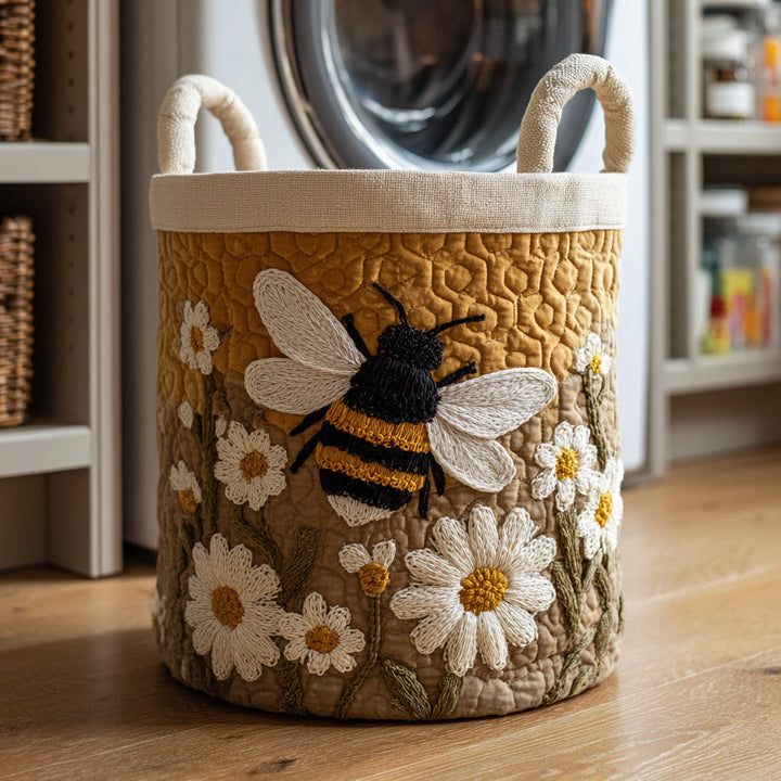 Panier à linge matelassé fait main – motif Abeille et Marguerites