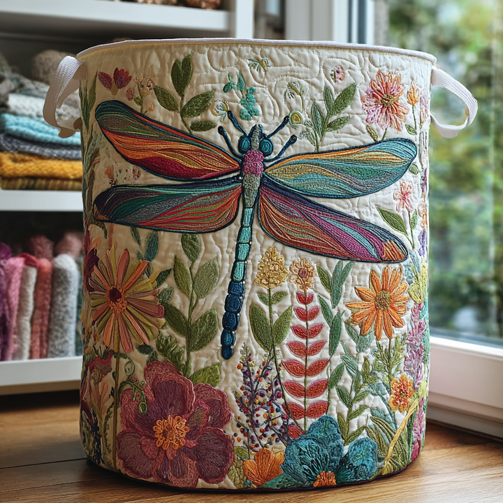 Panier à linge matelassé fait main – motif Jardin aux Libellules
