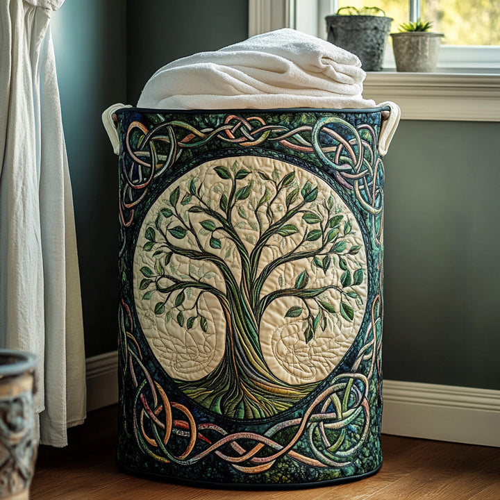 Panier à linge matelassé fait main – motif Racines Éternelles
