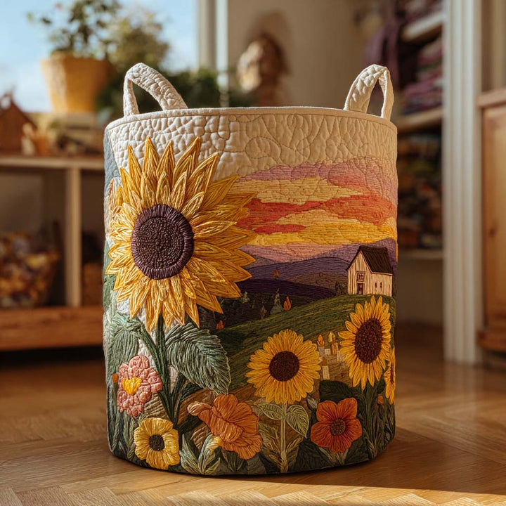 Panier à linge matelassé fait main – motif Soleil Épanoui