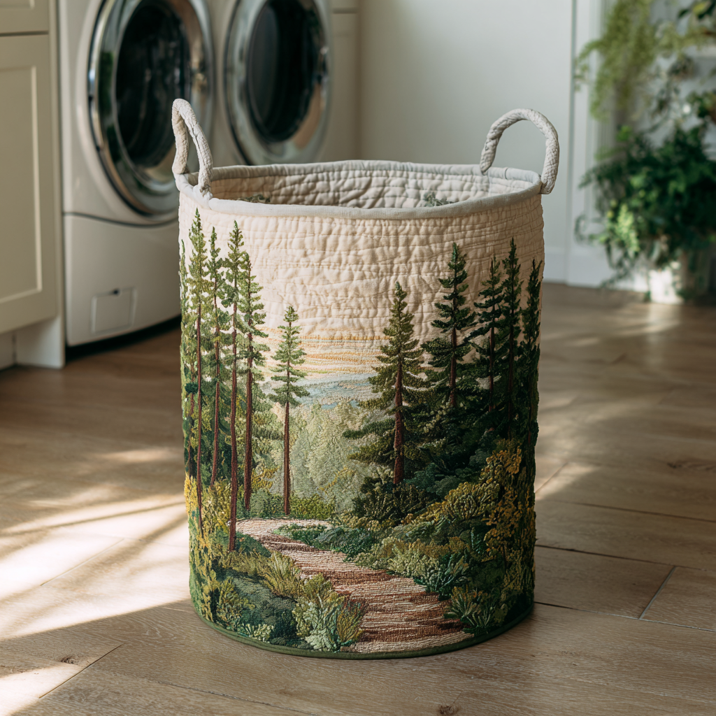 Panier à linge matelassé fait main – motif Chemin Forestier