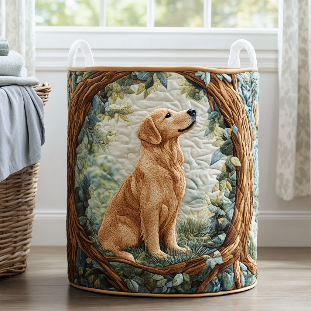 Panier à linge matelassé fait main – motif Golden Retriever aux Champs