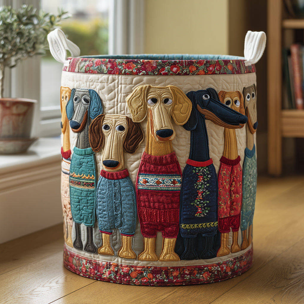 Panier à linge matelassé fait main – motif Teckels Heureux