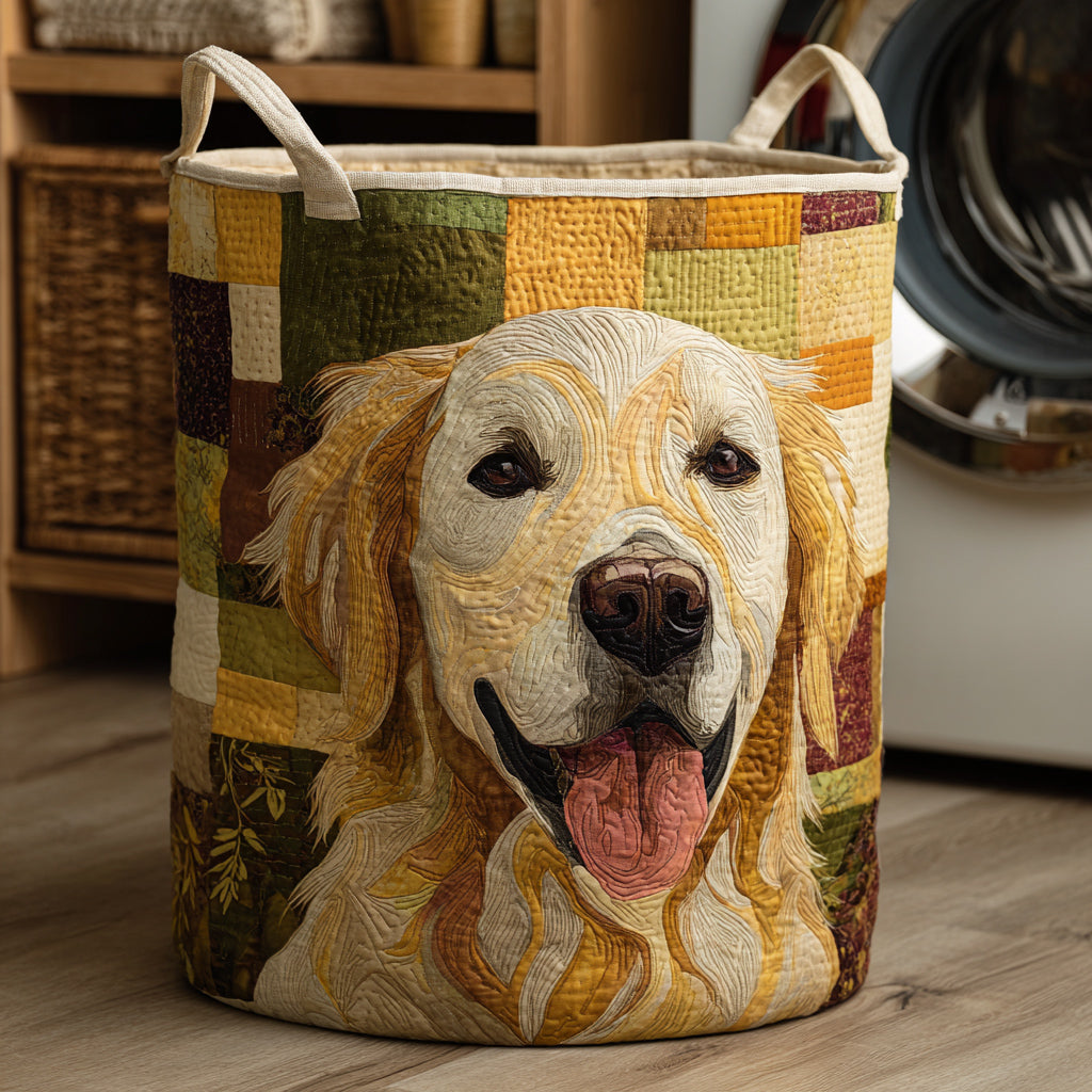 Panier à linge matelassé fait main – motif Golden Retriever Heureux