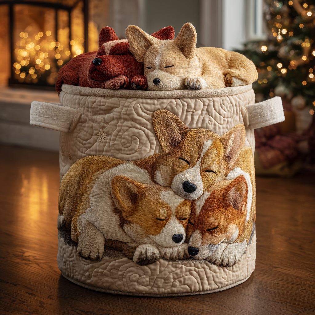 Panier à linge matelassé fait main – motif Rêves de Corgi pour les Fêtes