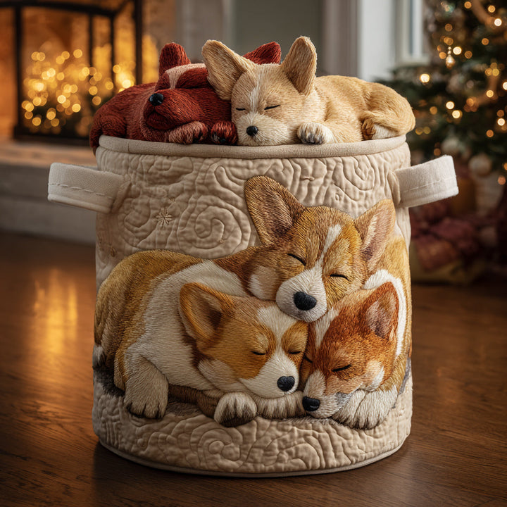 Panier à linge matelassé fait main – motif Rêves de Corgi pour les Fêtes
