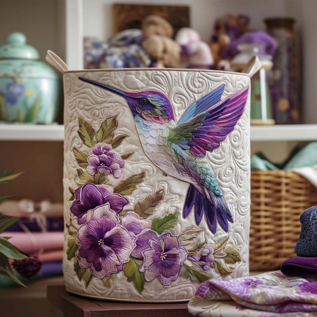 Panier à linge matelassé fait main – motif Colibri en Fleurs