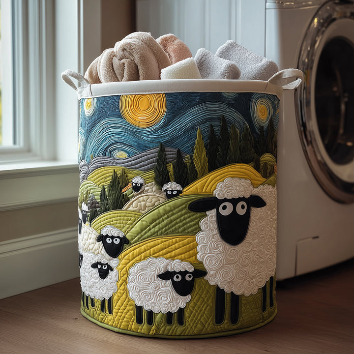 Panier à linge matelassé fait main – motif Prairie aux Agneaux