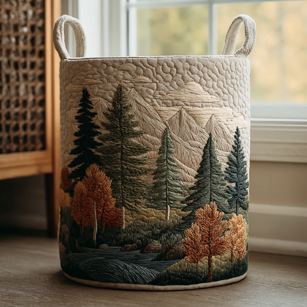 Panier à linge matelassé fait main – motif Forêt